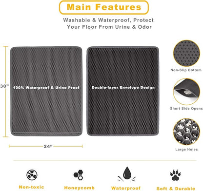 Cat Litter Mat 30" x 24" LARGE Size, Urine Proof Waterproof Sleeping Pad, Premium EVA No Phthalate, Washable Easy Clean, Trapping for Litter Box Anti Tracking Kitty Mats Gray