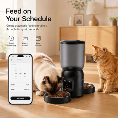 Automatic Cat Feeder with Camera, Dual Bowl 6L WiFi Pet Feeder | Dual 2K Cameras, Two Stainless Steel Bowls, AI Motion Tracking, App Control, 2-Way Audio, Dual-Band WiFi, 6L Capacity