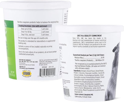 GNC Pets Essentials Dog Probiotic Soft Chews for Digestive Support, Bacon Flavor Daily Supplement with Prebiotics, Probiotics and Enzymes for Puppies and Adult Dogs in Reusable Jar, 60 Count - 3 Pack