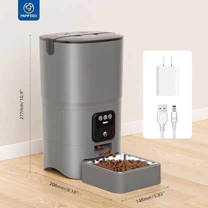 PAPIFEED Automatic Cat Feeder with Wide-Angle Camera, WiFi Pet Feeder with APP Control for Remote Feeding, Detachable for Easy Clean, Dual Power Supply,1-10 Meals Per Day for Multiple Pets(Gray)