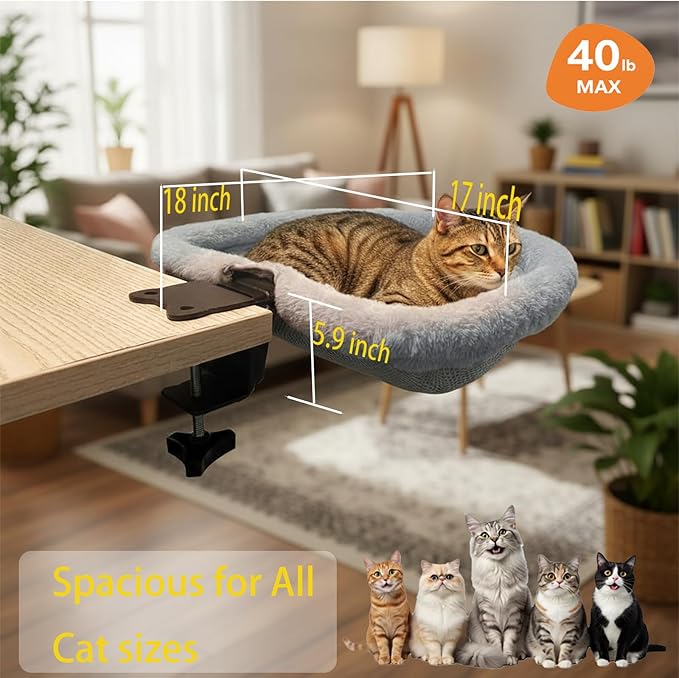 Cozy Winter Cat Desk Bed - One-Touch 90° Fold Down & Space-Saving Ergonomic Perch, Ultra-Plush Faux Rabbit Fur Sunken Nest for Remote Workers, Holds 40lb (18kg) - Perfect for Cats