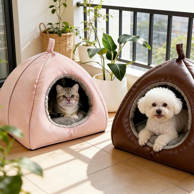 Cat Beds Cave for Indoor Cats, Water Resistance Cat House with Removable Bed Mat for All Seasons, Dog Bed for Small Dogs - Pink, Medium
