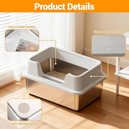 Enclosed Stainless Steel Cat Litter Box with Lid Extra Large Litter Box for Big Cats XL Metal Litter Pan Tray with High Wall Sides Enclosure, Non-Sticky, Anti-Leakage, Easy Cleaning