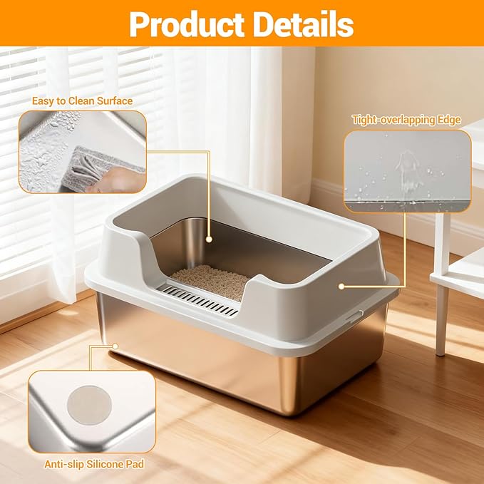 Enclosed Stainless Steel Cat Litter Box with Lid Extra Large Litter Box for Big Cats XL Metal Litter Pan Tray with High Wall Sides Enclosure, Non-Sticky, Anti-Leakage, Easy Cleaning
