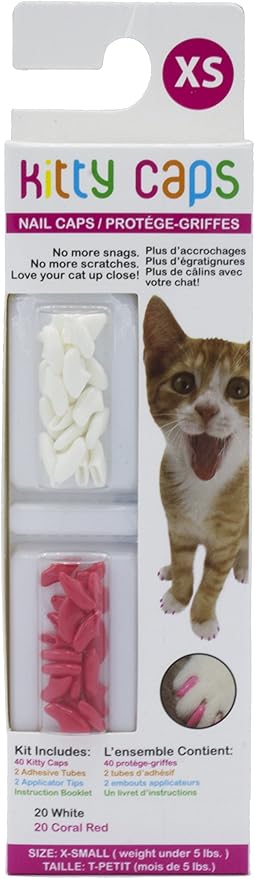 Kitty Caps Nail Caps for Cats, Pure White & Coral Red - Safe, Stylish & Humane Alternative to Declawing Stops Snags & Scratches, X-Small (Under 5 lbs), 40 Count