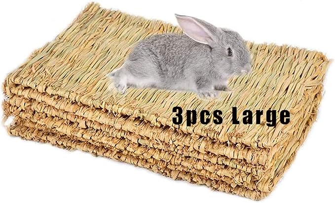 Hamiledyi Grass Mat Woven Bed Mat for Small Animal 3PCS Large Bunny Bedding Nest Chew Toy Bed Play Toy for Guinea Pig Parrot Rabbit Bunny Hamster Rat