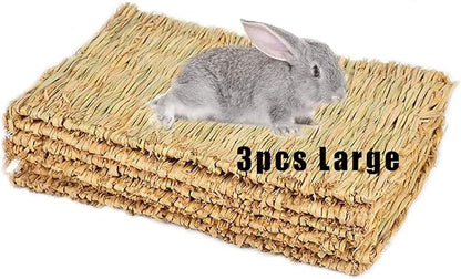 Hamiledyi Grass Mat Woven Bed Mat for Small Animal 3PCS Large Bunny Bedding Nest Chew Toy Bed Play Toy for Guinea Pig Parrot Rabbit Bunny Hamster Rat