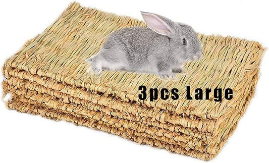 Hamiledyi Grass Mat Woven Bed Mat for Small Animal 3PCS Large Bunny Bedding Nest Chew Toy Bed Play Toy for Guinea Pig Parrot Rabbit Bunny Hamster Rat