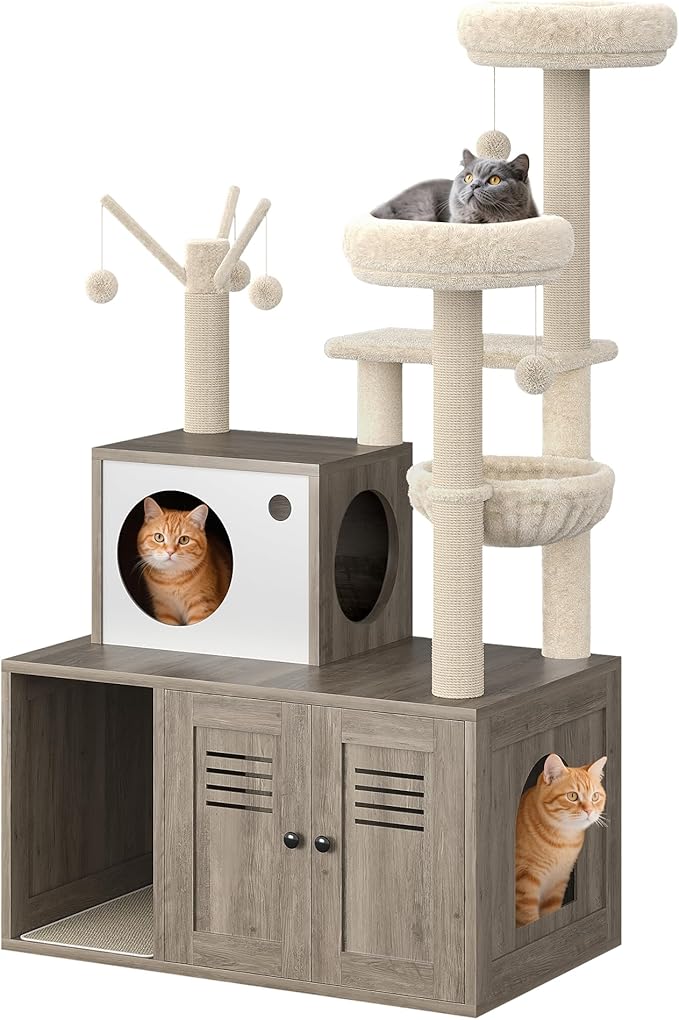 Garvee Cat Litter Box Enclosure with Tree Tower and Condo, Hidden Pet Washroom Furniture with Sisal Scratching Post,Hammocks and Soft Plush Perch, Wooden Cat Furniture with Multiple Platforms,Grey