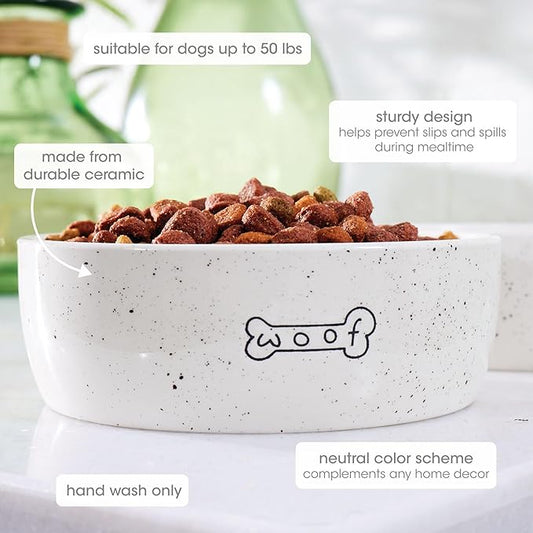 Pearhead Ceramic Dog Bowl – “Woof” Speckled Pet Food & Water Dish, Durable Stoneware, Non-Slip Heavy Base, 20 oz, Medium