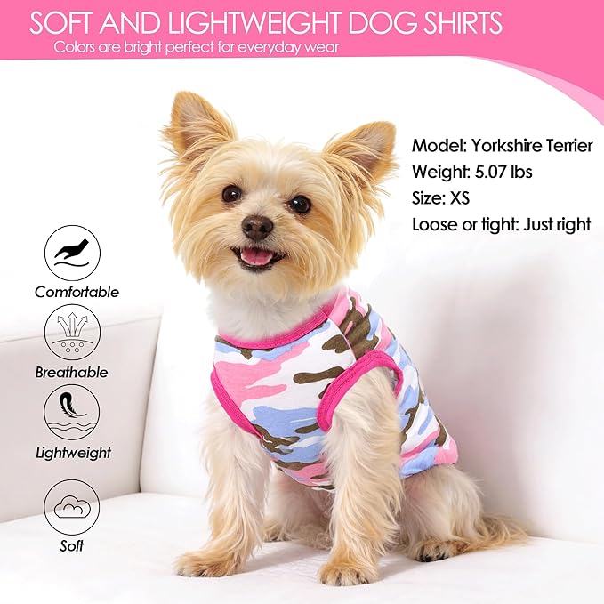 2 Pack Puppy Clothes Dog Shirts for Small Dogs Girl Summer Camouflage Pet T Shirts Female Dog Clothes for Small Dogs Cats Chihuahua Yorkie Apparel Pink Camouflage + Solid Color (XXS)