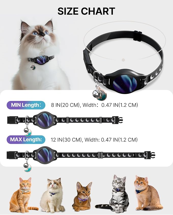 typecase Reflective Breakaway Cat Collar with AirTag Holder, Black/Blue | Black Reflective Breakaway Cat Collar With Bell And Silicone AirTag Holder; Adjustable 8-12 In; AirTag Not Included