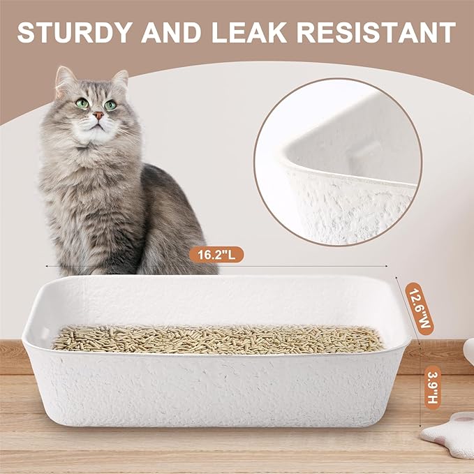 Disposable Cat Litter Box, Sturdy and Durable, Extra Thick, Large Size - 16.2"x12.6"x3.9", Water Resistant and Sustainable, Disposable Litter Boxes for Cats (White, 6-Pack)