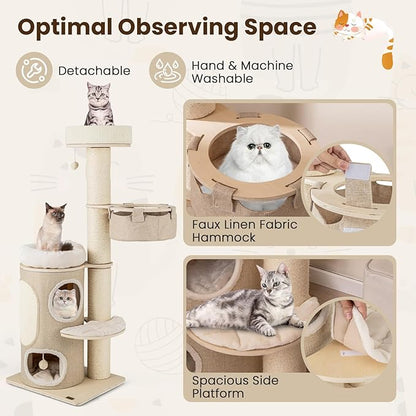 PETSITE 61 inch Cat Tree Tower, Multi-Level Wooden Cat Tower with Sisal Scratching Posts & Board, 2-Tier Condo, 2 Perches, Side Basket, and Interactive Sisal Ball