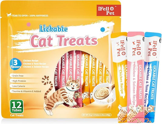 High-Meat Lickable Cat Treats Variety Pack – Real Chicken & Seafood – Smooth Creamy Purée – Grain-Free – (15g Each) (12)