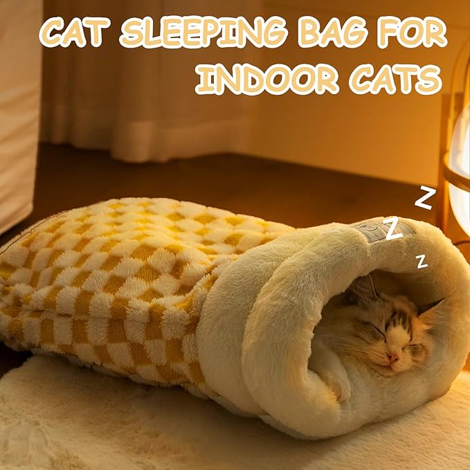 Cat Sleeping Bag, Cat Sleeping Bag for Indoor Cats Self Heating Cozy Winter Soft Plush Self Warm Kittens Indoor Sack 360°Wrap Comfortable Pet Snuggle Sack for Cats up to 8kg/17.6lb (Yellow Plaid)