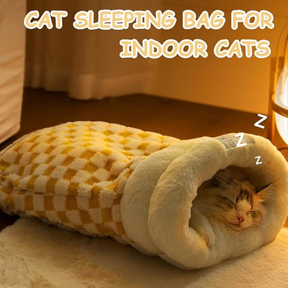 Cat Sleeping Bag, Cat Sleeping Bag for Indoor Cats Self Heating Cozy Winter Soft Plush Self Warm Kittens Indoor Sack 360°Wrap Comfortable Pet Snuggle Sack for Cats up to 8kg/17.6lb (Yellow Plaid)