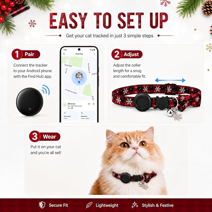 Cat Tracker GPS for Android, Pet GPS Tracker Collar for Cats No Subscription, IP67 Waterproof Cat Collar with Tracker Compatible with Google Find Hub – Replaceable 1-Year Battery, Android Only (Red)