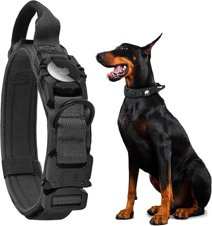 Tactical AirTag Dog Collar - Heavy Duty, Adjustable GPS Collar | Compatible with Apple AirTag, with Holder & Control Handle for Medium/Large Dogs [ Black, XL ]