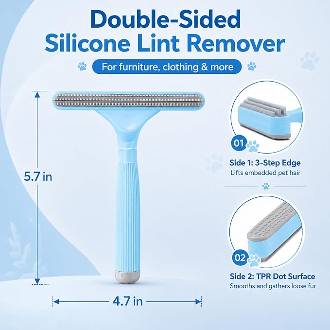 2 Pack Reusable Pet Hair Remover and Fabric Lint Scraper Set, Blue | Double-sided lint remover and flexible fabric scraper for dog cat hair on clothes, sofas, bedding, rugs and car seats.
