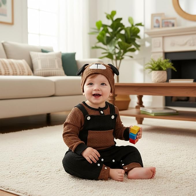 FOCUTEBB Baby Boy Clothes Cute Long Sleeve Romper Infant Pocket Overalls Adjustable Suspender Pants Set 0-18 Months