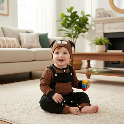 FOCUTEBB Baby Boy Clothes Cute Long Sleeve Romper Infant Pocket Overalls Adjustable Suspender Pants Set 0-18 Months