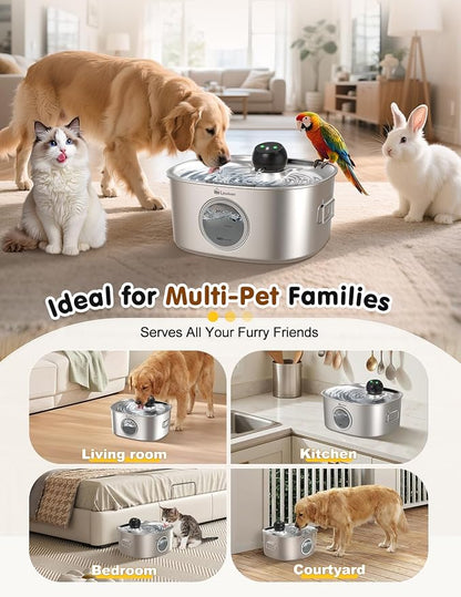 Stainless Steel Dog & Cat Water Fountain for Large Dogs and Cats | 10L /2.64Gal Cordless Dog Water Bowl Dispenser with 2.4G WiFi, Multi-filtered, Ideal for Multi-Pet Home