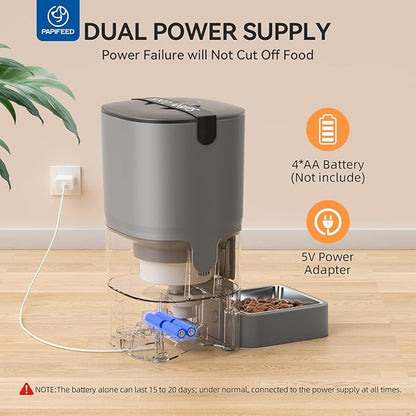 PAPIFEED Automatic Cat Feeder, 2.4G WiFi Cat Food Dispenser with App Control, 6L Timed Cat Feeders for Dry Food, Detachable for Easy Clean, Dual Power Supply, up to 10 Meals per Day, Gray