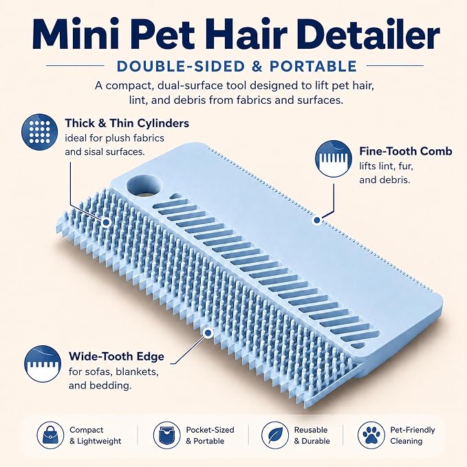 2 Pack Reusable Pet Hair Remover and Fabric Lint Scraper Set, Blue | Double-sided lint remover and flexible fabric scraper for dog cat hair on clothes, sofas, bedding, rugs and car seats.