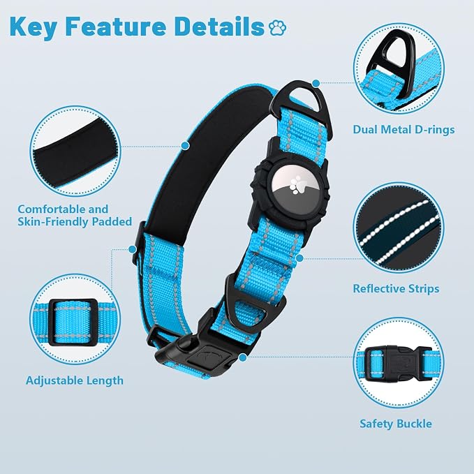 Taglory AirTag Dog Collar with Waterproof Holder for Small Dogs, SkyBlue, S | Reflective for Night Walks & Low-Light Safety, Track Your Pup Peace of Mind, Adjustable Soft Padded, No More Dangling Tags