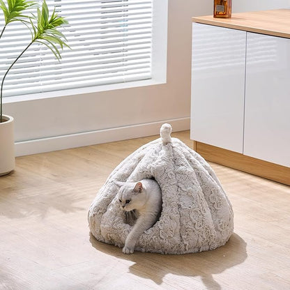 PetPals Round Cat Bed Small Pet Cave with Removeable and Washable Cushion, Super Soft Plush Pet Bed with Cover for Puppy and Kitten, Anti-Slip Bottom (Rose Hut)