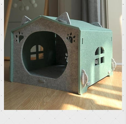 Removable Folding Model Cat Cottage Cat Bed, All Season Useful Litter Box, Fun for Cats or Dogs, The Peekaboo Foldable Felt Cat Cave and Cube for Small Medium Large Cats, Green