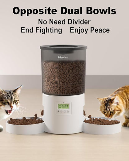 Automatic Cat Feeder 2 Cats, 4.2L Dry Food Auto Dispenser with Double Bowls,Dual Power Supply,Programmable Portion Control,10s Voice Recorder(Black,Stainless Steel Bowls) (Transparent+White)