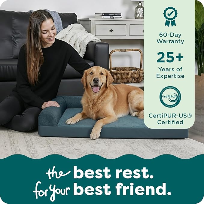 Furhaven Orthopedic Dog Bed for Large Dogs w/ Removable Bolsters & Washable Cover, For Dogs Up to 95 lbs - Pinsonic Quilted Paw L Shaped Chaise - Bluestone, Jumbo/XL