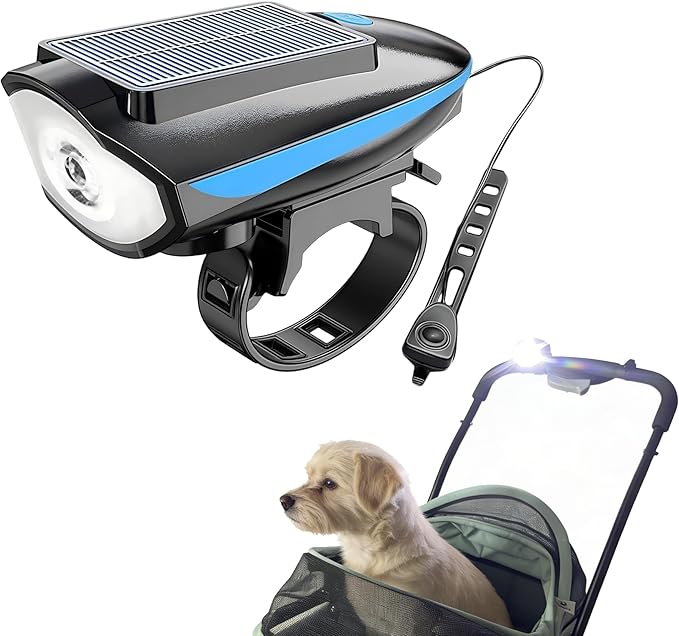 Pet Stroller Light, Solar Powered LED Light for Dog Stroller, Cat Stroller, Wagon – 3 Modes (S/H/F) with Safety Horn, USB Rechargeable, IPX4 Waterproof, Wrap & Hook Strap for Easy Attachment