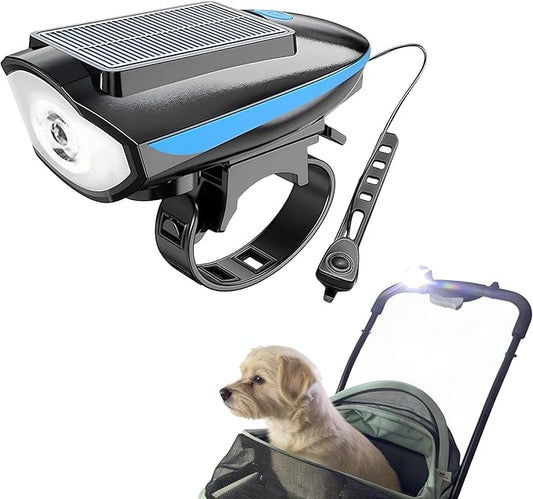 Pet Stroller Light, Solar Powered LED Light for Dog Stroller, Cat Stroller, Wagon – 3 Modes (S/H/F) with Safety Horn, USB Rechargeable, IPX4 Waterproof, Wrap & Hook Strap for Easy Attachment