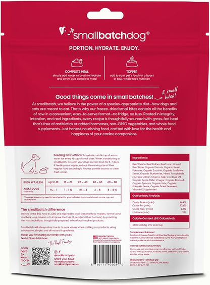 smallbatch Freeze-Dried Beef Dog Food – Grain Free, Organic Produce – Raw Dehydrated Beef Small Bites, High Protein Complete Meal or Topper – Humanely Raised, Made in USA, 7oz