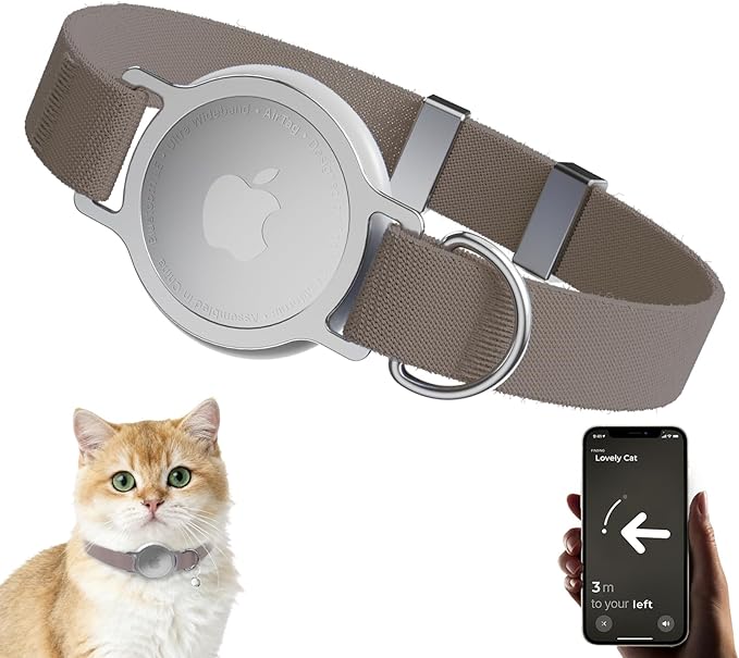 AirTag Cat Collar, Ultra Elastic Cat Tracker Collar with Apple Air Tag Holder, [Lightweight & Scratch Resistant] Stepless Adjustable GPS Pet Tracking Collars for Cats Kittens (Brown)