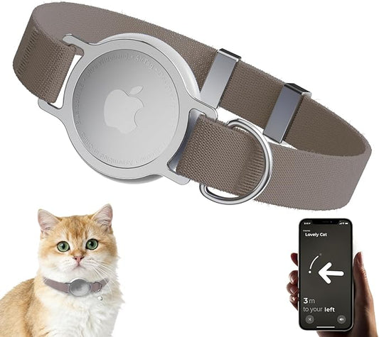 AirTag Cat Collar, Ultra Elastic Cat Tracker Collar with Apple Air Tag Holder, [Lightweight & Scratch Resistant] Stepless Adjustable GPS Pet Tracking Collars for Cats Kittens (Brown)
