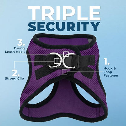 Best Pet Supplies - All Weather Mesh/Plush, Reflective, No Pull Harness for Small, Medium Dogs, Cats - Secure with Hook & Loop Fastener, Buckle, Double D-Rings - Purple/Black Trim, L