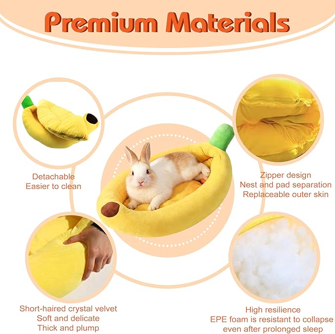 Rabbit Bed Warm Small Dog Cat Sleeping Carrot Banana Beds Bunny Bed Guinea Pig Hideout Bed Thick Soft with Removable Mat,Machine Washable Guinea Pig Cushion (Banana（18.5 * 11.02 * 3.94）)