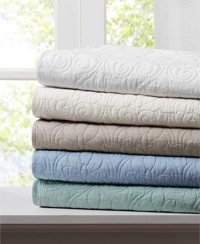 Madison Park Throw Blanket - Reversible Damask Quilting Design, Soft Pre-washed Microfiber, Cotton Filled Spread, Cozy Summer Blanket - Throw for Living Room Couch, Sofa, Bed, Quebec, 60x70", Ivory