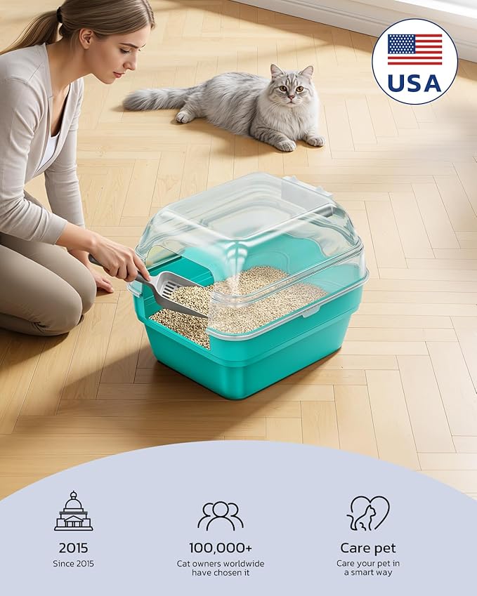 Large Cat Litter Box with Transparent Lid, Foldable Hooded Litter Box with Front Door Flap for Privacy, Easy Clean Non-Sticky Litter Box with Intelligent Deodorizing, (21.6" L x 17.8" W x 17.3" H)