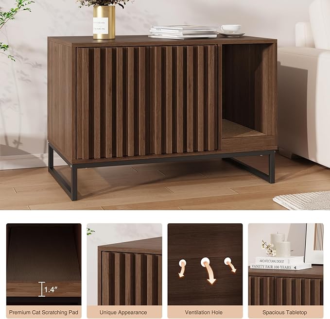 Halitaa Cat Litter Box Enclosure, Modern Hidden Litter Box Furniture with Scratch Pad, Indoor Cat Washroom House End Table, Entryway Bench for Livingroom (Walnut)