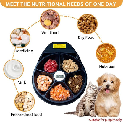 Cat Wet Food Automatic Feeder with Cooling, Semiconductor Refrigeration, with Timer, 5 Food Compartments for 330g Pet Food Each, Premium Meal Plates, Washable, for Cats (UBPET)