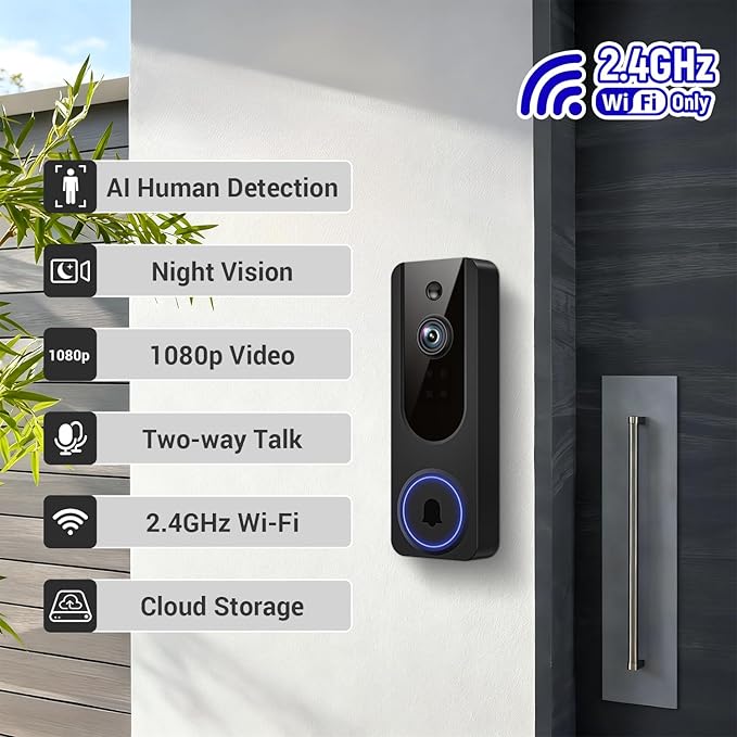 Hubposh Doorbell Camera Wireless with Indoor Receiver, Battery Powered, AI Human and Motion Detection, 2 Way Talk, 1080P Night Vision, Cloud Storage (Sold Separately)