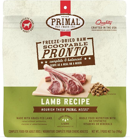 Primal Freeze Dried Dog Food, Pronto Mini Nuggets, Lamb; Scoop & Serve, Complete & Balanced Meal; Also Use as Topper or Treat; Premium, Healthy, Grain Free, High Protein Raw Dog Food (7 oz)