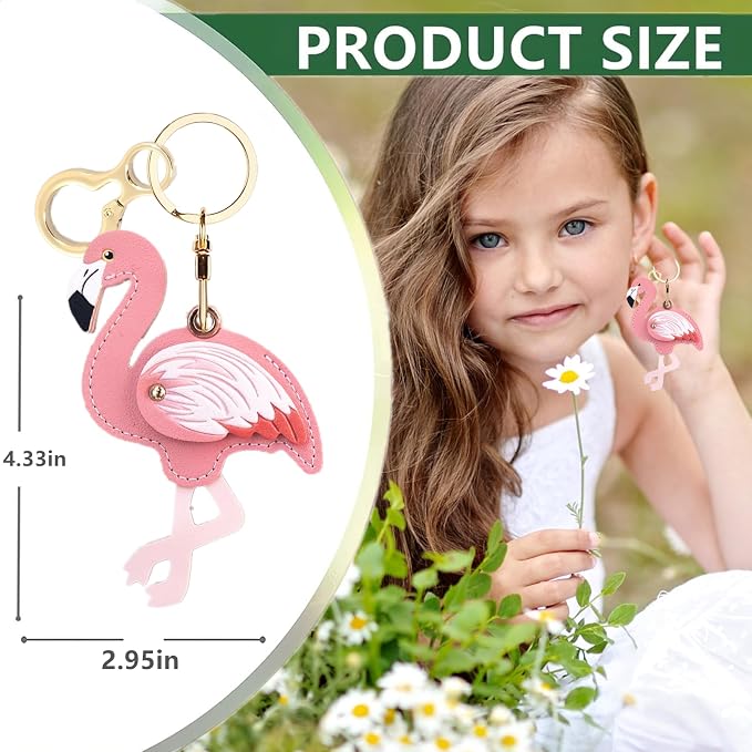 Leather Keychain Holder Case Compatible with AirTag,Cute Protective Cover with Keyring,Anti-Scratch Finder GPS Tracker Case for Wallet Keys,Bag,Pets,Backpack(Flamingo)