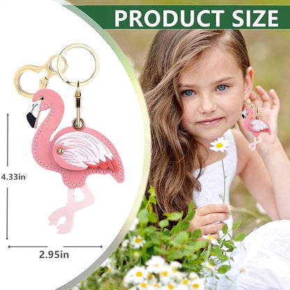 Leather Keychain Holder Case Compatible with AirTag,Cute Protective Cover with Keyring,Anti-Scratch Finder GPS Tracker Case for Wallet Keys,Bag,Pets,Backpack(Flamingo)
