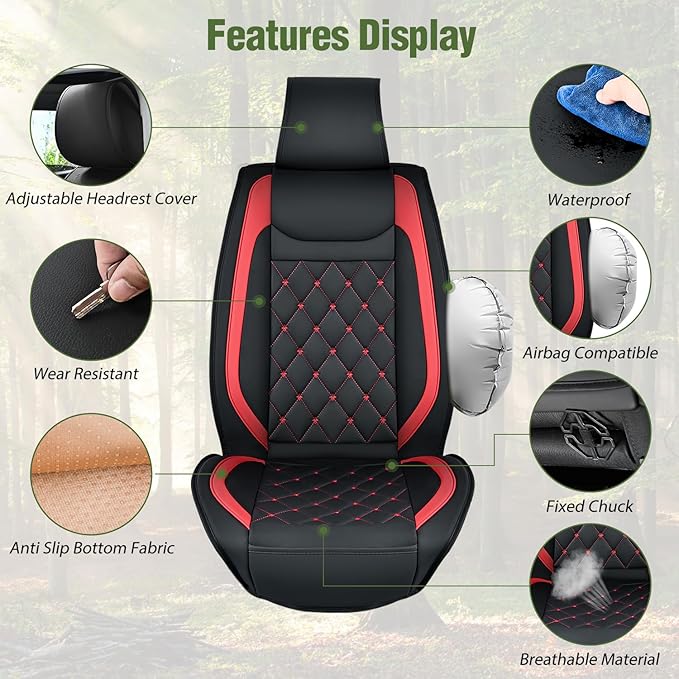 Nilight Car Seat Covers Waterproof Breathable Faux Leather Cushions Anti-Slip Universal Cover for Hyundai Kia Civic Corolla Honda Accord Camry CR-V Fusion SUV Truck (2 PCS Front, Black-Red)